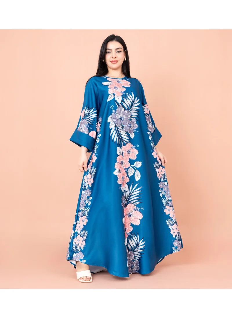 IKKXA Floral Printed Long Gown Fustan IKF1016 Blue