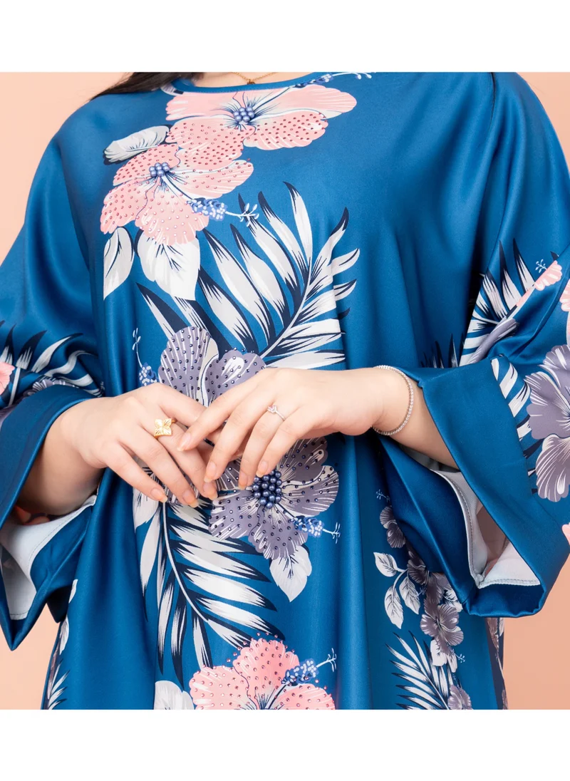 IKKXA Floral Printed Long Gown Fustan IKF1016 Blue