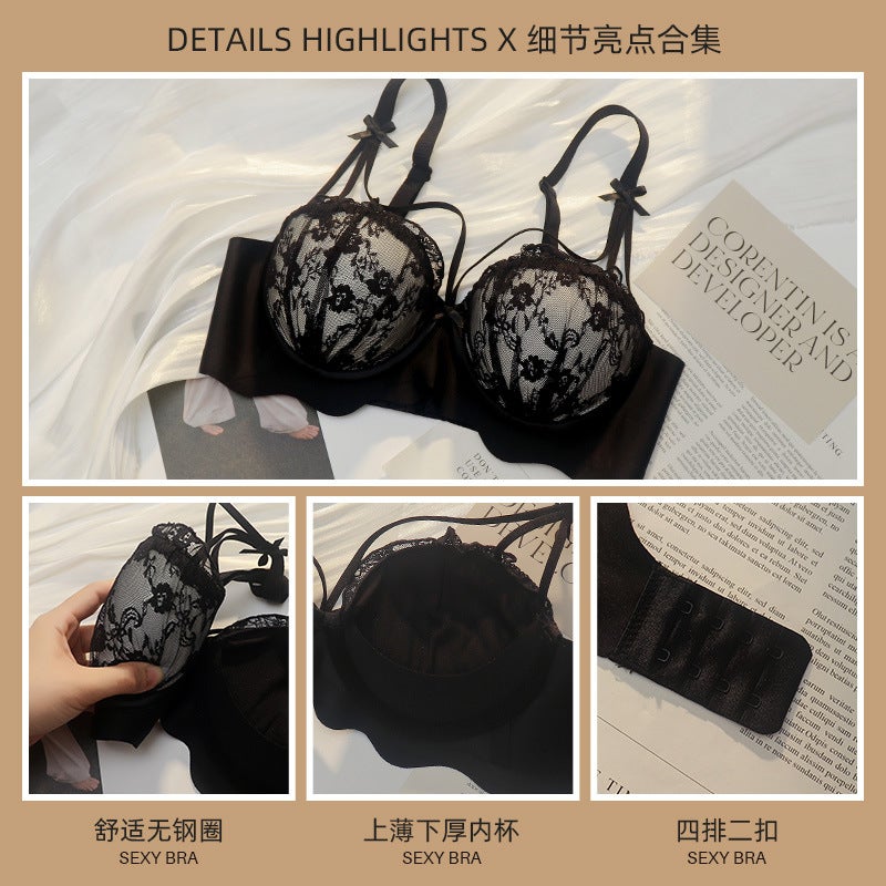 Lace Underwear Women'S Gathering Top-Up Small Chest Breast-Showing Large Pure Desire Top-Up Adjustable Bra Suit Without Steel Rings - Image 4