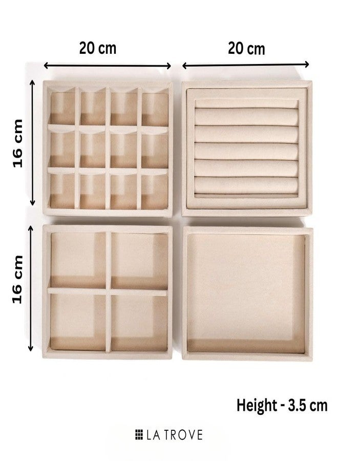 La Trove Stackable Jewelry Tray Organizer Set of 4 for Drawer, Velvet Jewellery Storage Box for Rings Earrings Necklace Jhumka, Multi Layer Cream Organizer for Women - Image 3