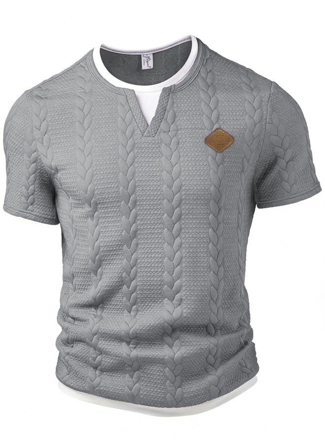 European And American Men's Textured Jacquard Fabric With Leather Logo Patch Logo Fake Two-piece Slim Fit Casual Short Sleeve T-shirt