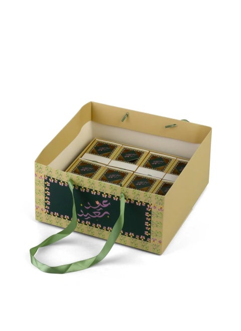 A beige and olive distribution box containing 24 boxes with a presentation bag - (24) pieces | 23*23*4.5 cm