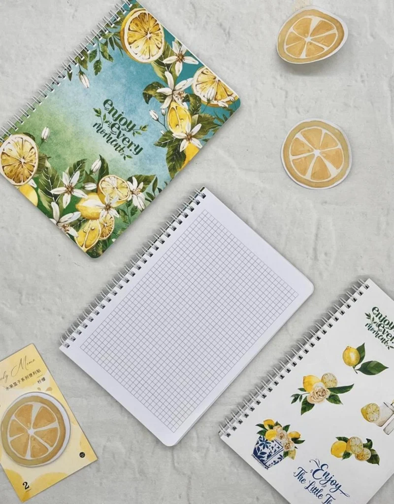 كاغيت جيمي دوكان Paper Ship Shop Checkered Lemon Flower Spiral Notebook with Single Sheet Stickers