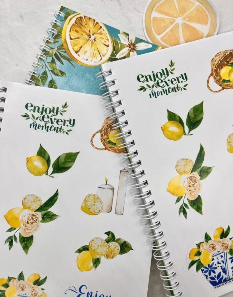 كاغيت جيمي دوكان Paper Ship Shop Checkered Lemon Flower Spiral Notebook with Single Sheet Stickers