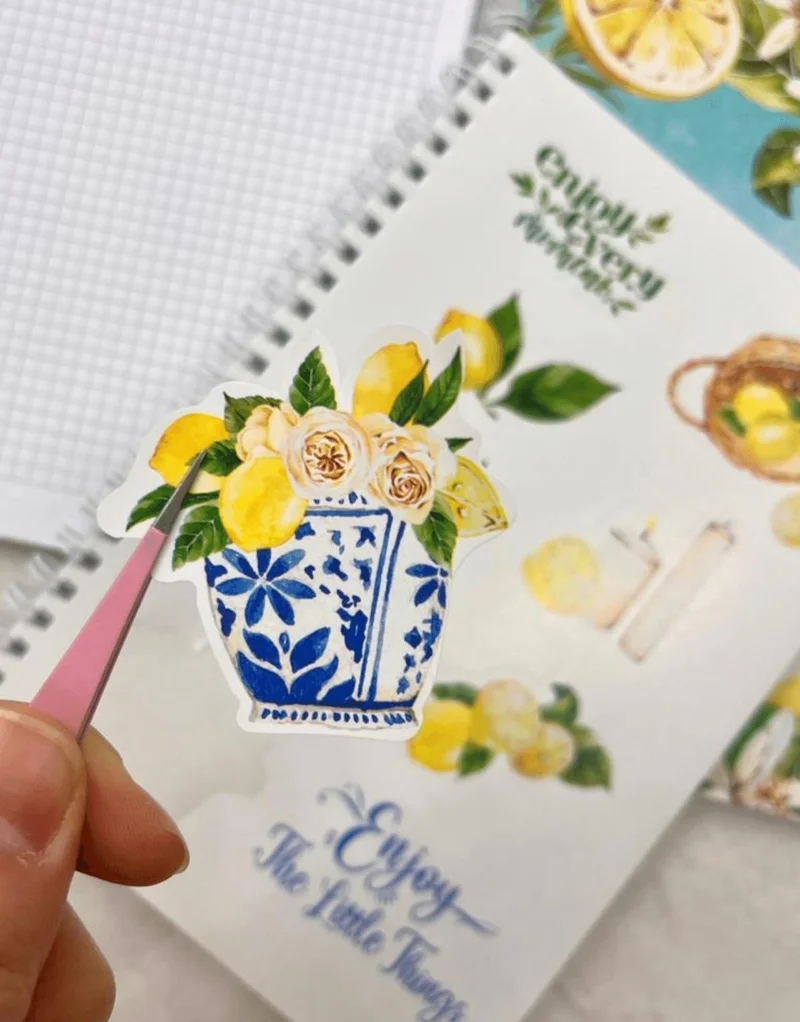 كاغيت جيمي دوكان Paper Ship Shop Checkered Lemon Flower Spiral Notebook with Single Sheet Stickers