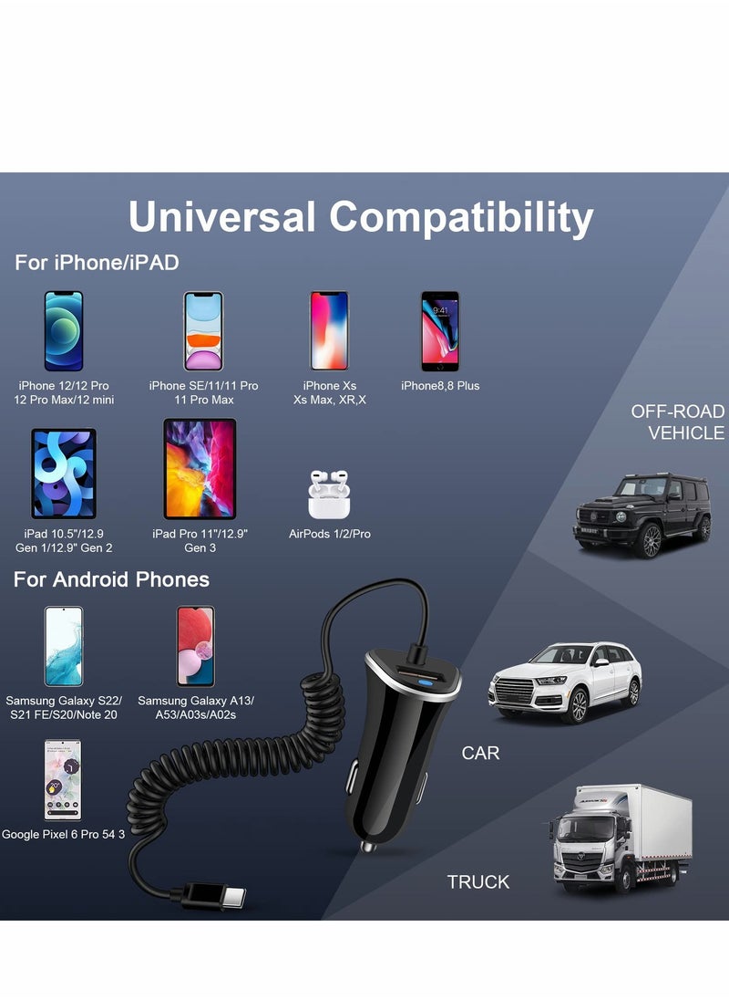 Excefore - USB C Car Charger, Charger Fast Charging with 5ft Super Type Coiled Cable, for Samsung Galaxy Z Fold 4 Flip A53 A13 A03s A32 A52 S21 FE S22 Ultra S20 Note 20, 3.4A - Image 1