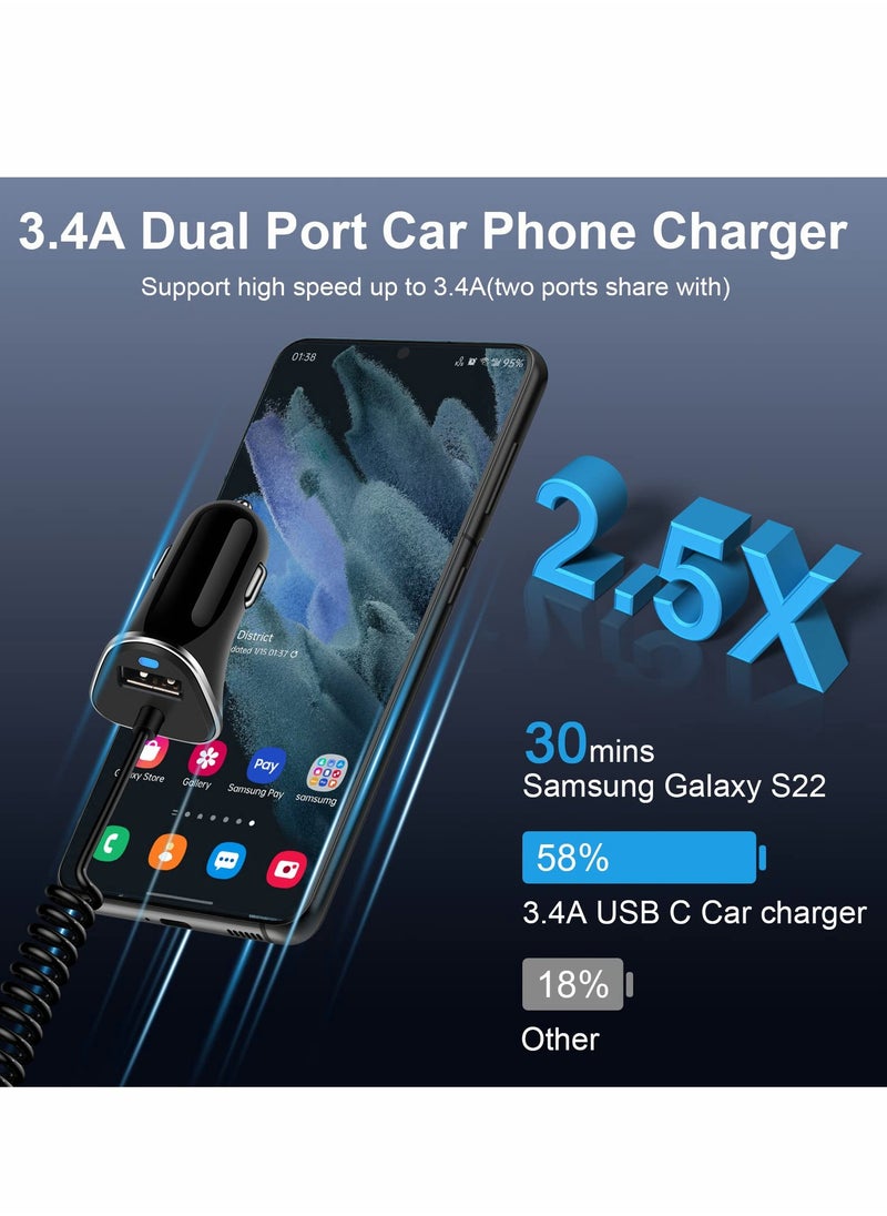 Excefore - USB C Car Charger, Charger Fast Charging with 5ft Super Type Coiled Cable, for Samsung Galaxy Z Fold 4 Flip A53 A13 A03s A32 A52 S21 FE S22 Ultra S20 Note 20, 3.4A - Image 1