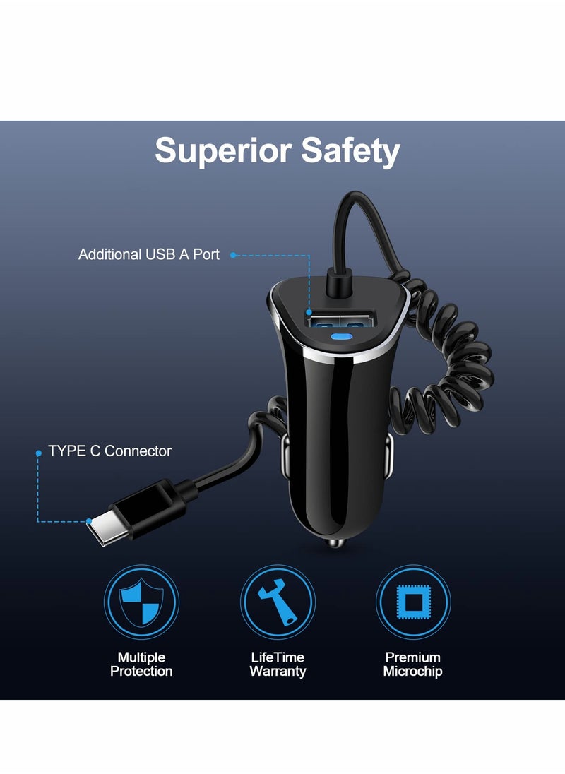 Excefore - USB C Car Charger, Charger Fast Charging with 5ft Super Type Coiled Cable, for Samsung Galaxy Z Fold 4 Flip A53 A13 A03s A32 A52 S21 FE S22 Ultra S20 Note 20, 3.4A - Image 1