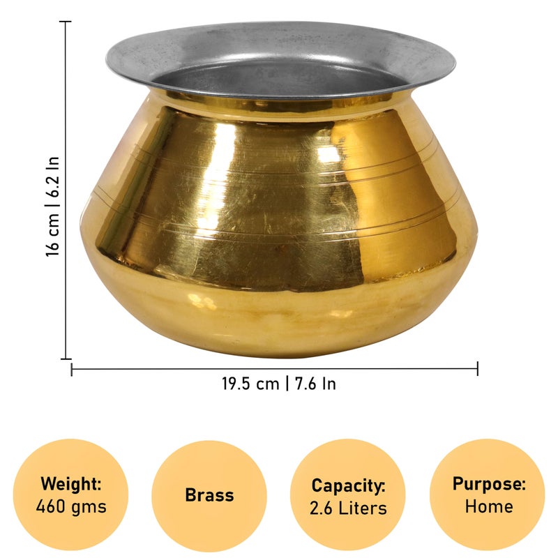 Putrika Brass Utensil Vadi Chatti with TIN Coating|Tope|KitchenWare|Cookware|Brass Pathiram|Patilas|Tapeli|Peetal|Sarva Satti|Bhagon|Urli[Weight: 440gm Capacity: 2.5liters] Vennai Pot - Image 5