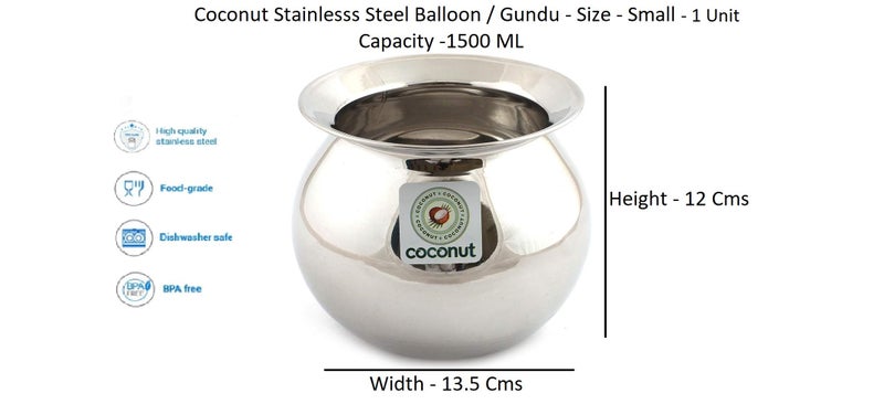 Coconut Stainless Steel Balloon / Gundu / Pongal Pot / Multipurpose Pot - 1 Unit - Diameter - 13.5 Cms ( Capacity -1500ML) - Image 2