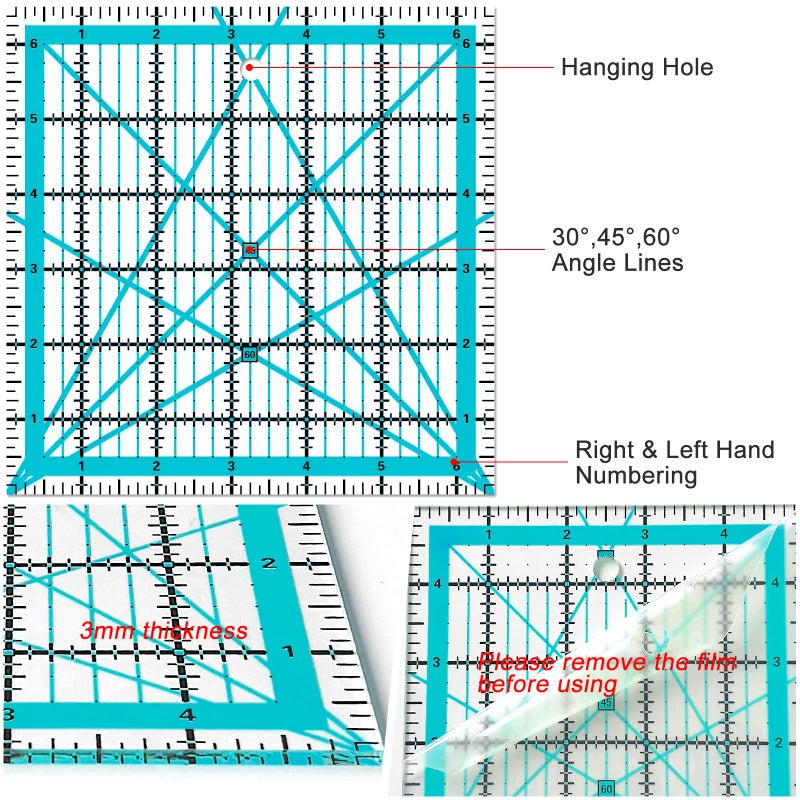 LJLJ Quilting Rulers 4 Square Ruler Quilting Templates,Quilting Ruler Acrylic Rulers, with Non-Slip Rings for Quilting and Sewing, (3.5â€ x 3.5â€, 5â€ x 5â€, 6.5â€ x 6.5â€, 10.5â€x 10.5â€) - Image 3