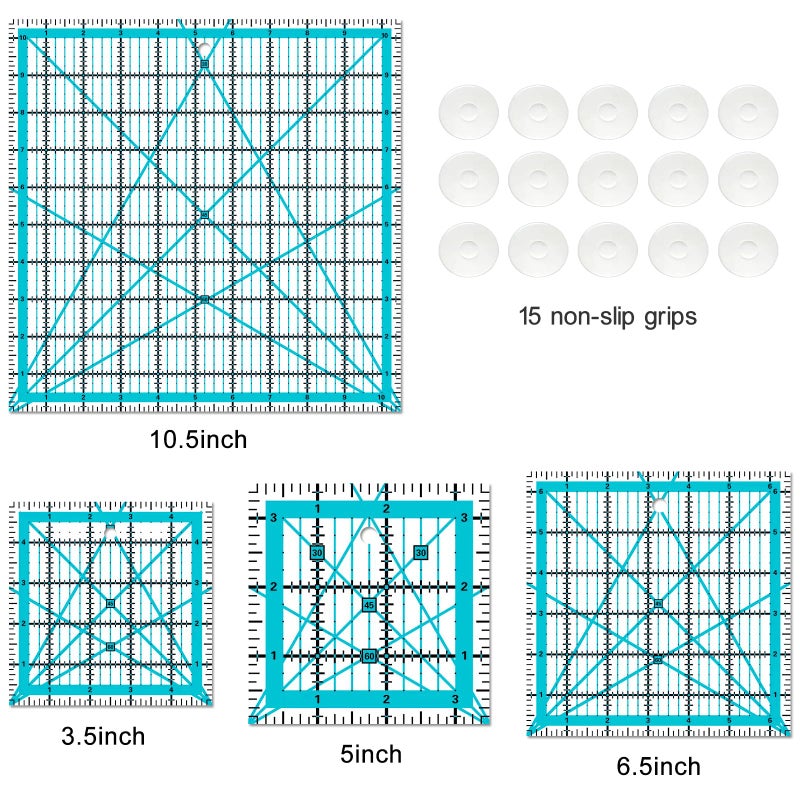 LJLJ Quilting Rulers 4 Square Ruler Quilting Templates,Quilting Ruler Acrylic Rulers, with Non-Slip Rings for Quilting and Sewing, (3.5â€ x 3.5â€, 5â€ x 5â€, 6.5â€ x 6.5â€, 10.5â€x 10.5â€) - Image 2