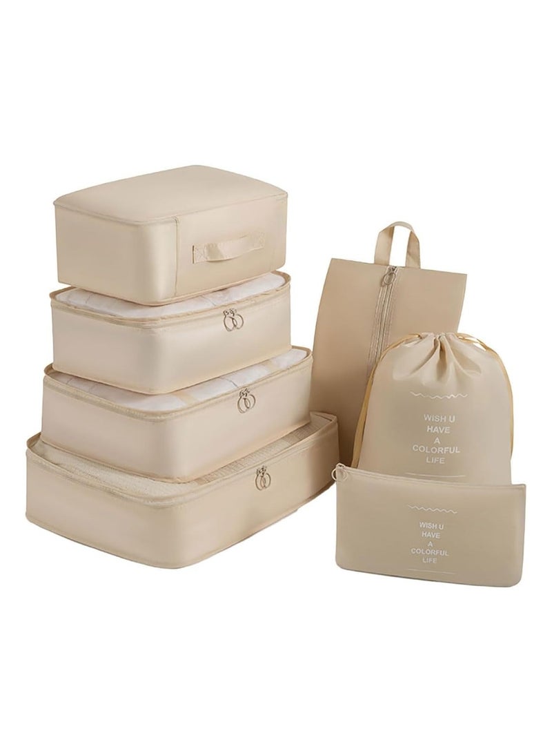 GOGO 7-Piece Packing Cube Set – Lightweight Travel Organizers with Mesh Bags, Drawstring Bag, Shoe Bag, Bra Bag, and Flat Pocket – Travel Essentials, Beige - Image 1