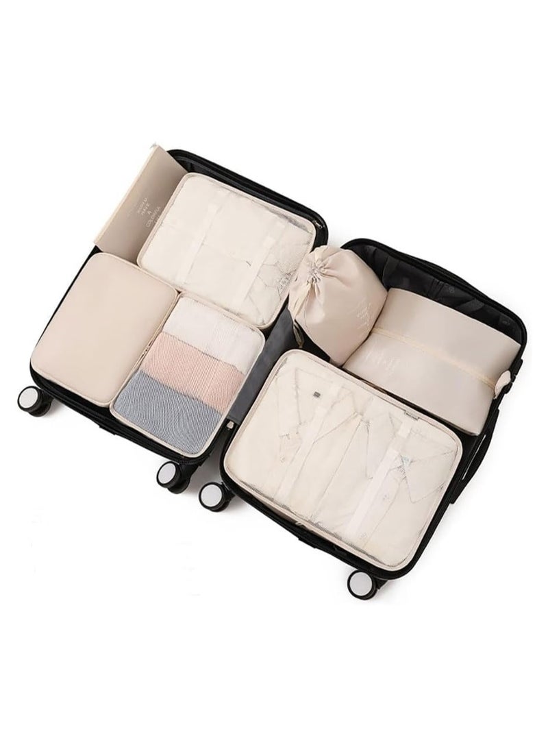 GOGO 7-Piece Packing Cube Set – Lightweight Travel Organizers with Mesh Bags, Drawstring Bag, Shoe Bag, Bra Bag, and Flat Pocket – Travel Essentials, Beige - Image 2