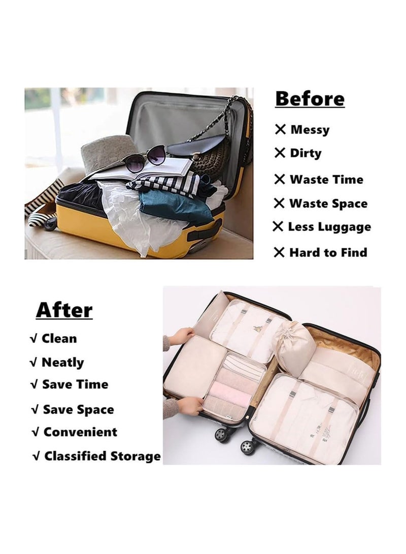 GOGO 7-Piece Packing Cube Set – Lightweight Travel Organizers with Mesh Bags, Drawstring Bag, Shoe Bag, Bra Bag, and Flat Pocket – Travel Essentials, Beige - Image 4