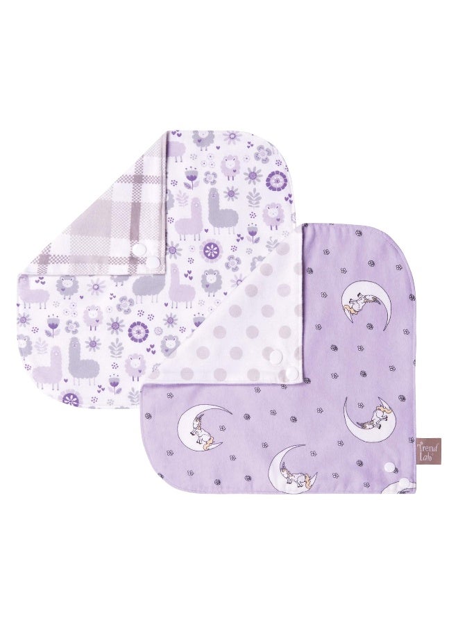 Trend Lab Llamas and Unicorns 2 Pack Reversible Flannel Bandana Bib Set-Unicorn/Dot, Llama/Plaid Prints, Purple, Gray, 100% Cotton Flannel, Snap Closure, 11.5 in x 11.5 in Each - Image 2