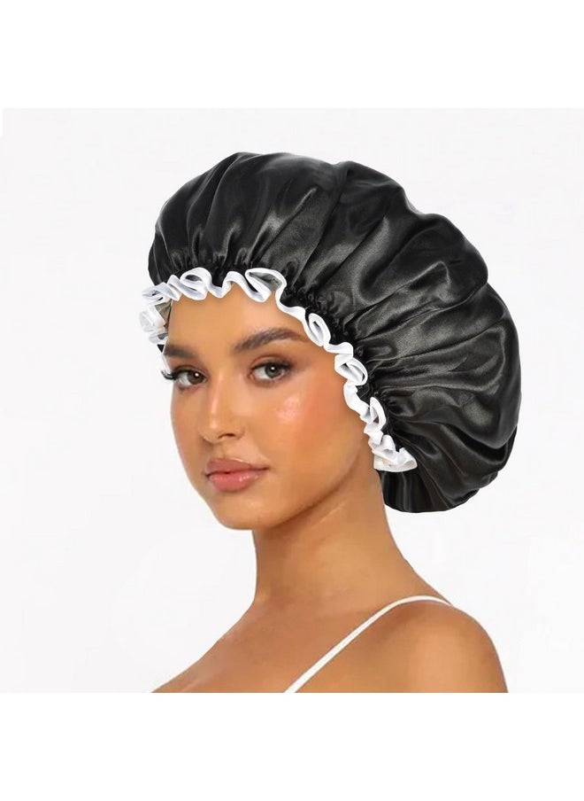 Luvruitaky - Shower Cap Large Reusable Shower Cap For Women 13 Inches Double Layer Waterproof Bath Hair Caps Black Oversized Adjustable Design For All Hair Lengths - Image 1