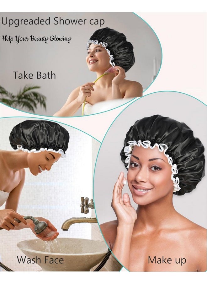 Luvruitaky - Shower Cap Large Reusable Shower Cap For Women 13 Inches Double Layer Waterproof Bath Hair Caps Black Oversized Adjustable Design For All Hair Lengths - Image 1