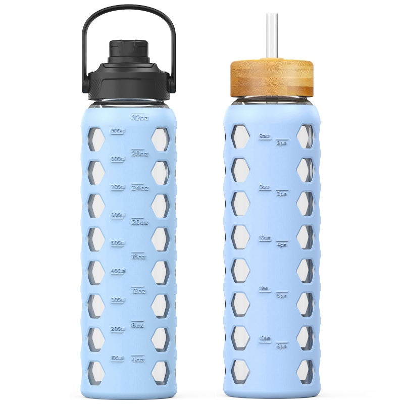 MUKOKO Glass Water Bottles32oz Glass Tumbler with StrawDrinking Bottles with 2 LidsHandle Spout LidBamboo Straw LidMotivational Water Bottle with Time Marker and Silicone Sleeve1 PackGlacier