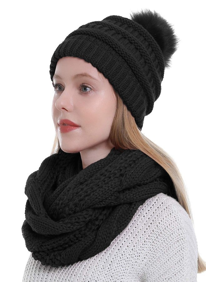 Double Couple Womens Scarf Beanie Hat with Faux Fur Ball Set Thick Winter Cable Knitted Circle Loop Infinity Scarfs for Women (Black Pom Pom Set) - Image 1