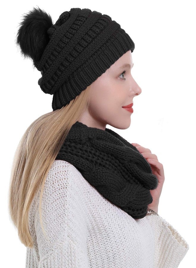 Double Couple Womens Scarf Beanie Hat with Faux Fur Ball Set Thick Winter Cable Knitted Circle Loop Infinity Scarfs for Women (Black Pom Pom Set) - Image 2
