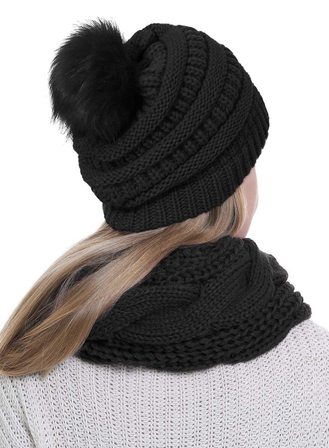 Double Couple Womens Scarf Beanie Hat with Faux Fur Ball Set Thick Winter Cable Knitted Circle Loop Infinity Scarfs for Women (Black Pom Pom Set) - Image 3