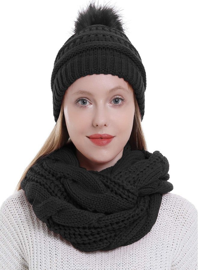Double Couple Womens Scarf Beanie Hat with Faux Fur Ball Set Thick Winter Cable Knitted Circle Loop Infinity Scarfs for Women (Black Pom Pom Set) - Image 5