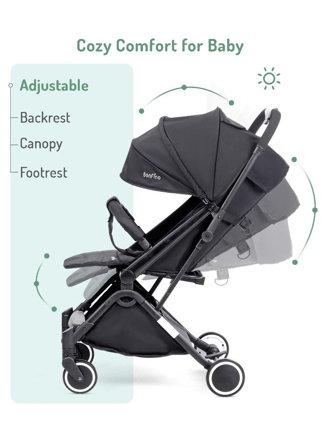 Bonfino عربة أطفال بونفينو فيذر لايت كابينة، قابلة للطي ثلاثي، قماش كتان، مظلة قابلة للتعديل - أسود - Image 4