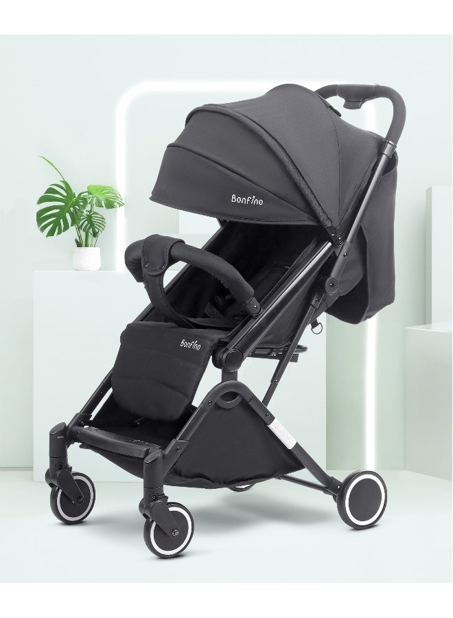 Bonfino عربة أطفال بونفينو فيذر لايت كابينة، قابلة للطي ثلاثي، قماش كتان، مظلة قابلة للتعديل - أسود - Image 1