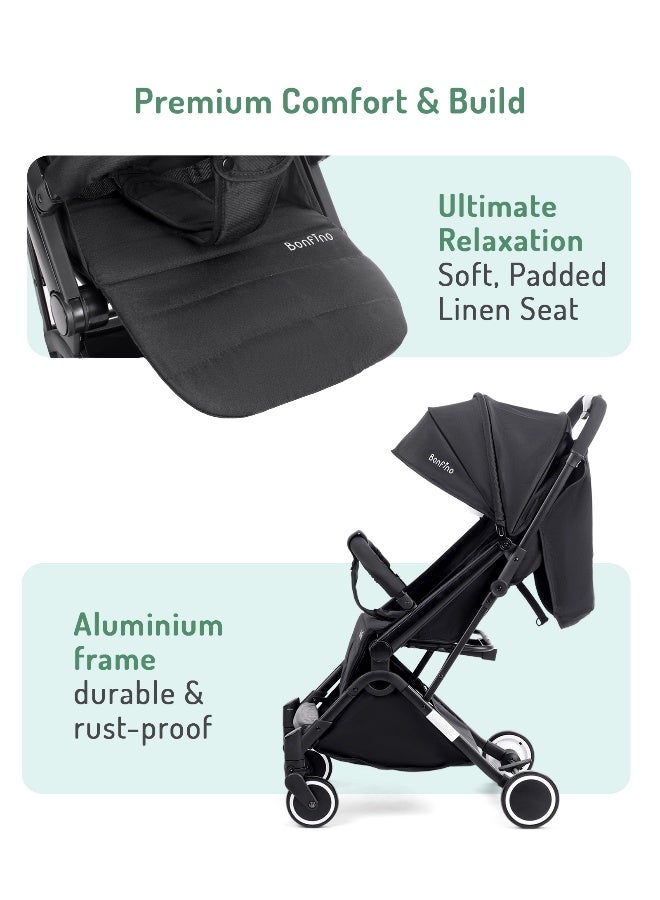 Bonfino عربة أطفال بونفينو فيذر لايت كابينة، قابلة للطي ثلاثي، قماش كتان، مظلة قابلة للتعديل - أسود - Image 5