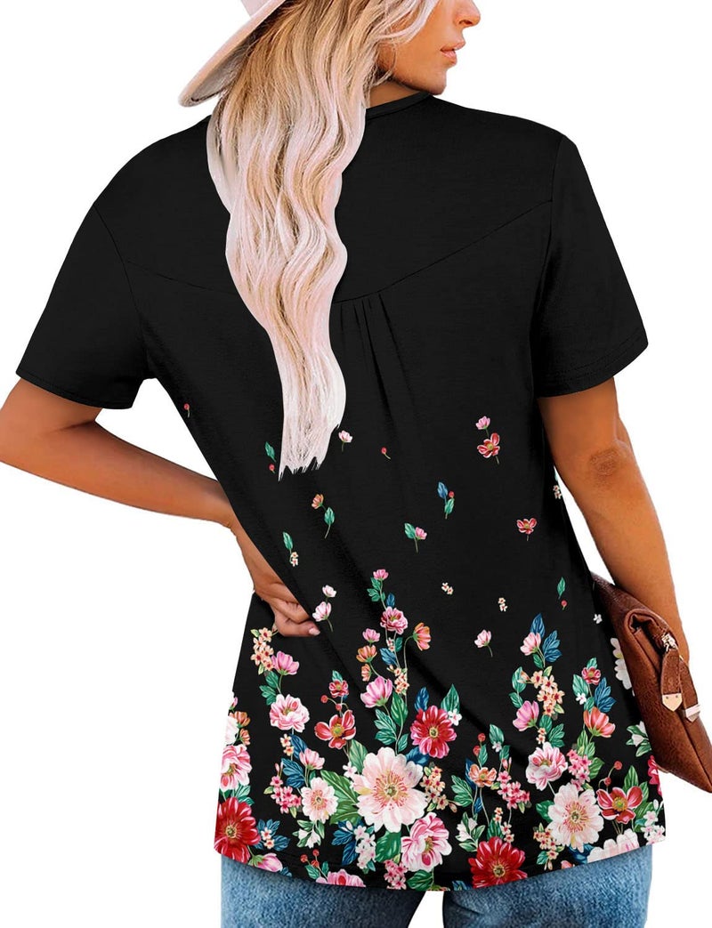 ROSELINLIN Womens Top Black Short Sleeve Summer Shirts Henley Neck Pull Over Loose Fit Shirt XL - Image 4