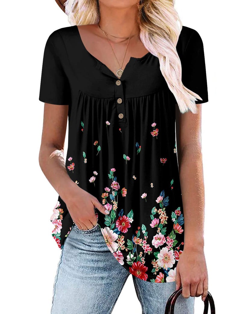 ROSELINLIN Womens Top Black Short Sleeve Summer Shirts Henley Neck Pull Over Loose Fit Shirt XL - Image 1