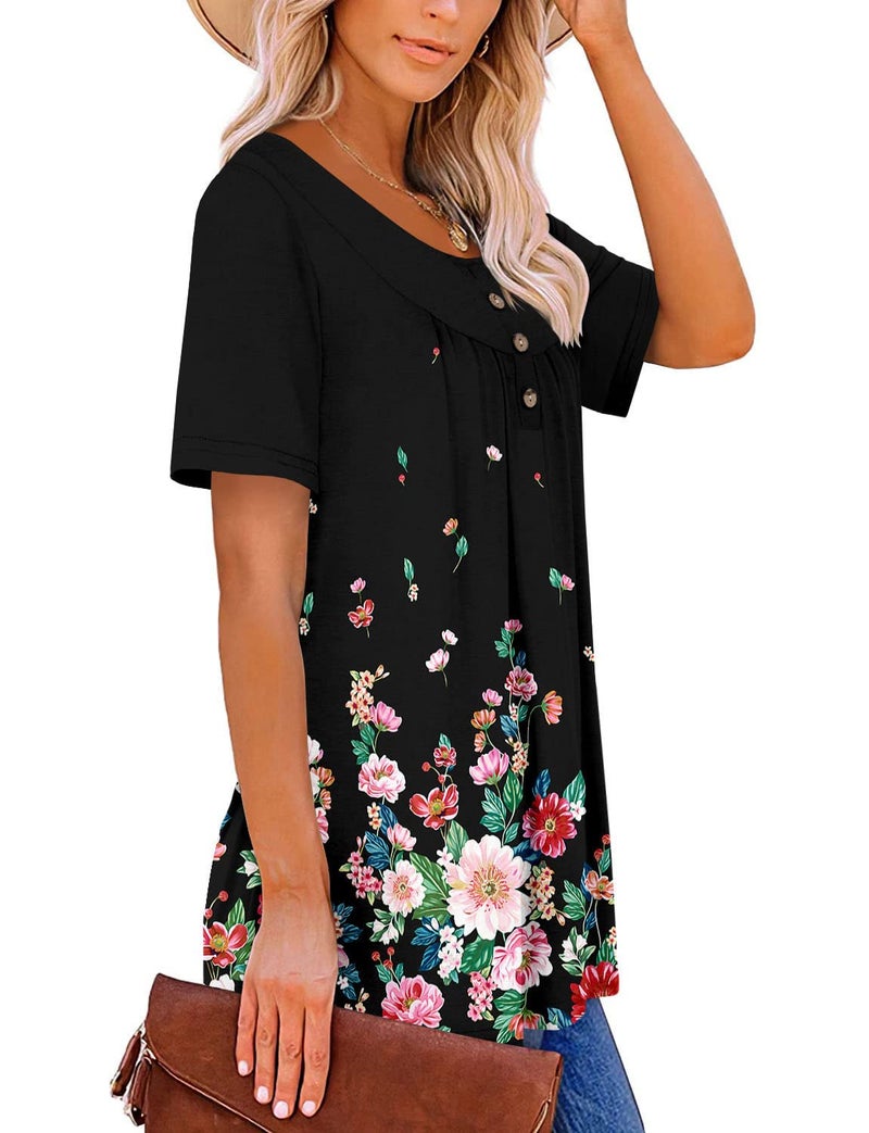 ROSELINLIN Womens Top Black Short Sleeve Summer Shirts Henley Neck Pull Over Loose Fit Shirt XL - Image 3