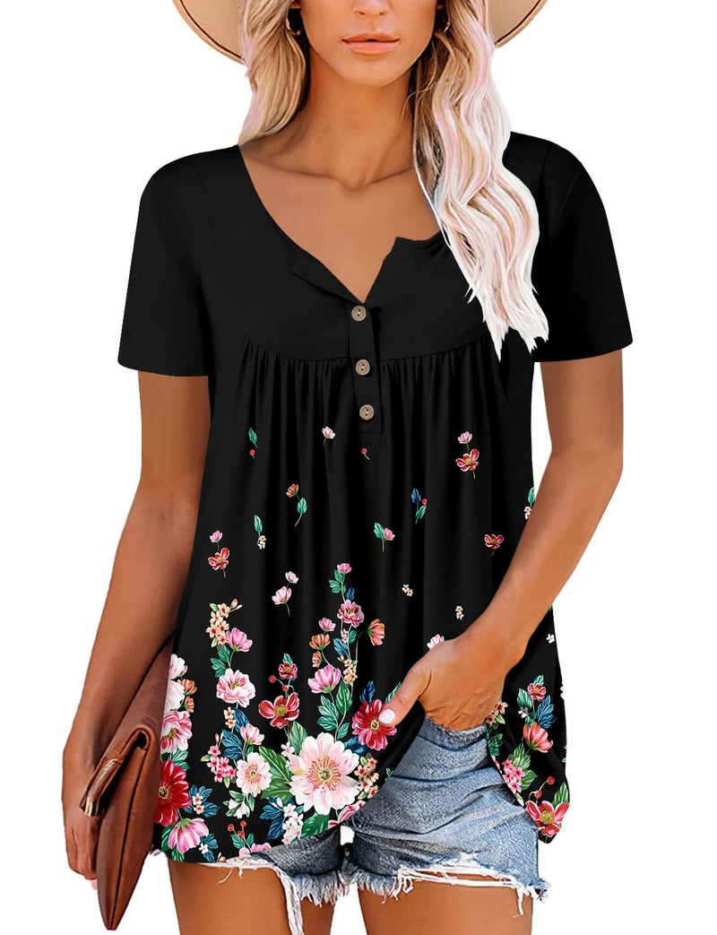 ROSELINLIN Womens Top Black Short Sleeve Summer Shirts Henley Neck Pull Over Loose Fit Shirt XL - Image 2