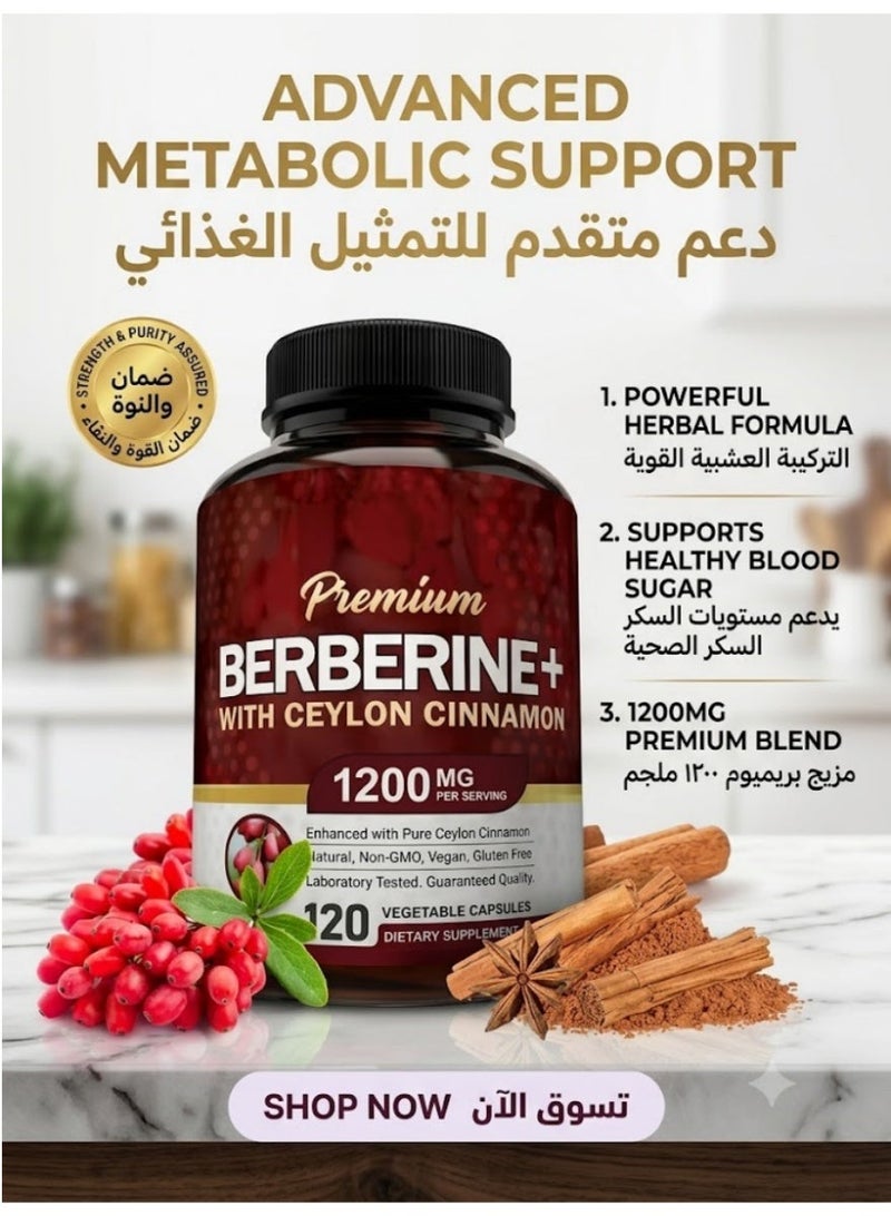 بريميم كبسولات بيربيرين هيدروكلوريد عالية الجودة ١٢٠٠ ملجم - ١٢٠ كبسولة مع خلاصة قرفة سيلان النقية مكملات جذور بيربيرين هيدروكلوريد المعززة للمناعة بنسبة ٨٪ مثالية - Image 1