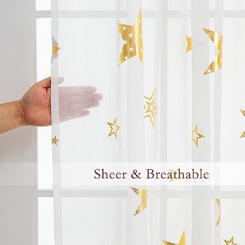 L.Z.E Gold and White Sheer Curtains 84 inch Length 2 Panels Set for Living Room, Light Filtering Gold Star Kids Curtain for Nursery with Rod Pocket, Textured Window Drapes with Patterns - Image 3