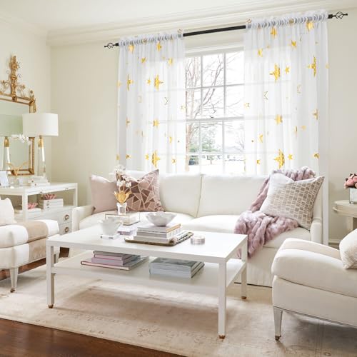 L.Z.E Gold and White Sheer Curtains 84 inch Length 2 Panels Set for Living Room, Light Filtering Gold Star Kids Curtain for Nursery with Rod Pocket, Textured Window Drapes with Patterns - Image 2