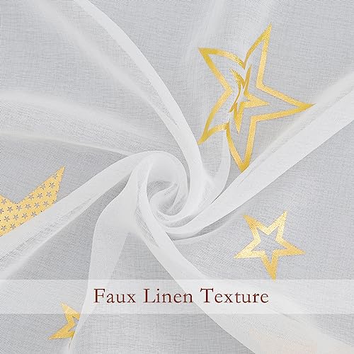 L.Z.E Gold and White Sheer Curtains 84 inch Length 2 Panels Set for Living Room, Light Filtering Gold Star Kids Curtain for Nursery with Rod Pocket, Textured Window Drapes with Patterns - Image 5