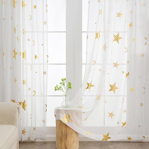 L.Z.E Gold and White Sheer Curtains 84 inch Length 2 Panels Set for Living Room, Light Filtering Gold Star Kids Curtain for Nursery with Rod Pocket, Textured Window Drapes with Patterns - Image 1