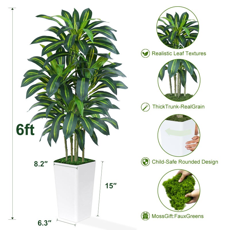 Keeplush 6FT Artificial Dracaena Tree - High-Density Foliage Fake Plant with White Tall Planter - Faux Yucca Floor Plant for Home Office Decor Indoor - Image 4