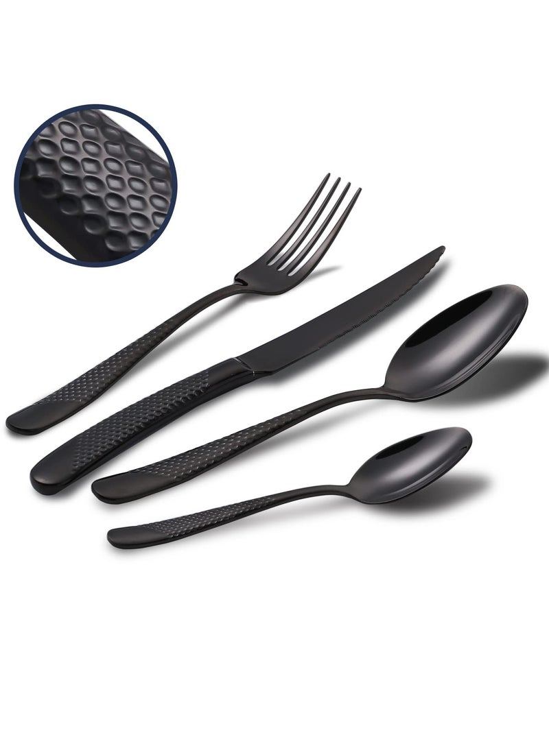 Hammered Silverware Set, 4 Piece Modern Black 18 Or 10 Stainless Steel Flatware Set With Forks Spoons And Knives, Unique Metal Cutlery Sets For Home Restaurant, Mirror Polished And Dishwasher Safe - Image 1