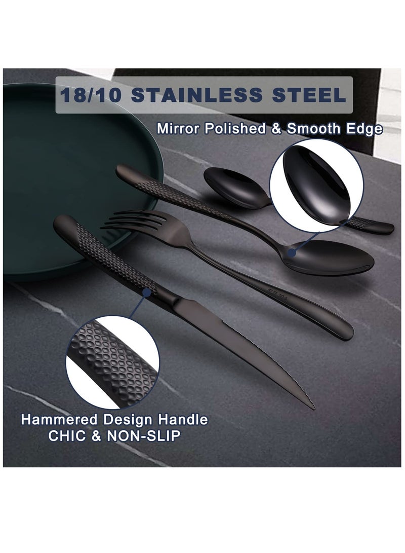 Hammered Silverware Set, 4 Piece Modern Black 18 Or 10 Stainless Steel Flatware Set With Forks Spoons And Knives, Unique Metal Cutlery Sets For Home Restaurant, Mirror Polished And Dishwasher Safe - Image 3