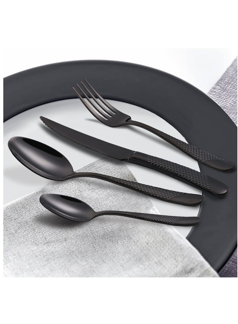 Hammered Silverware Set, 4 Piece Modern Black 18 Or 10 Stainless Steel Flatware Set With Forks Spoons And Knives, Unique Metal Cutlery Sets For Home Restaurant, Mirror Polished And Dishwasher Safe - Image 5