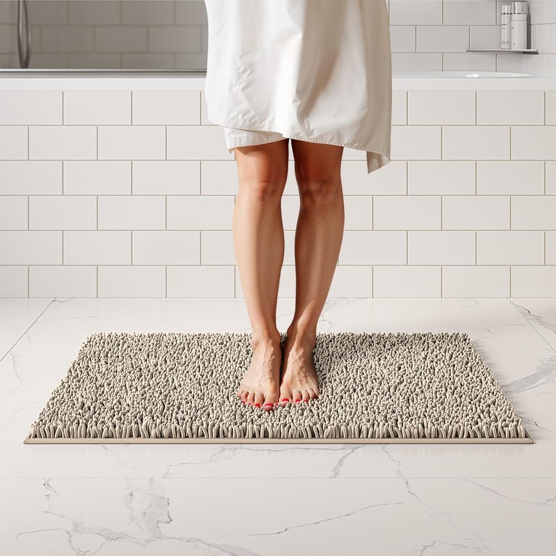 ITSOFT Plush Bathroom Rug 34x21 Absorbent Machine Washable Non Slip Chenille Bath Mats Quick Dry Bathmat Bath Rugs for Bath Shower Bedroom or Door Mat Beige