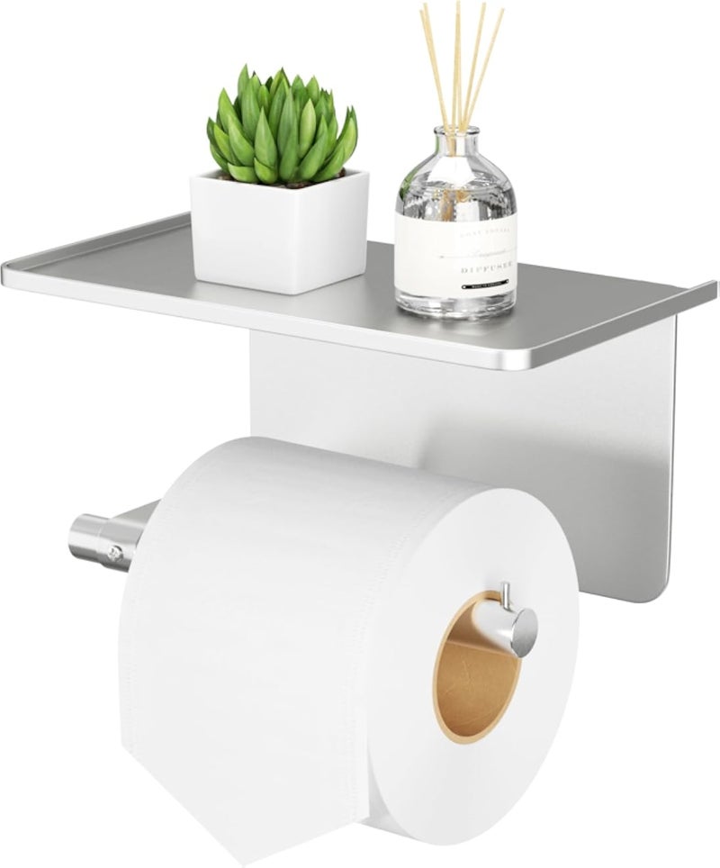 niffgaff Toilet Paper Holder - Silver Toilet Paper Holder with Shelf, Adhesive Toilet Paper Roll Holder, Stainless Toilet Roll Holder, Bathroom Organizer for Toilet Paper, Silver
