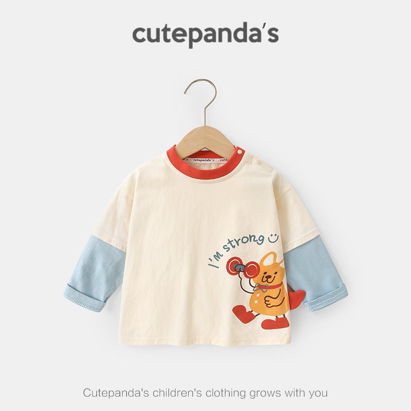 Kaka Panda Baby Two-In-One Long-Sleeve T-Shirt for Children,Spring Outfit,Boys and Girls Base Shirt,Baby Top