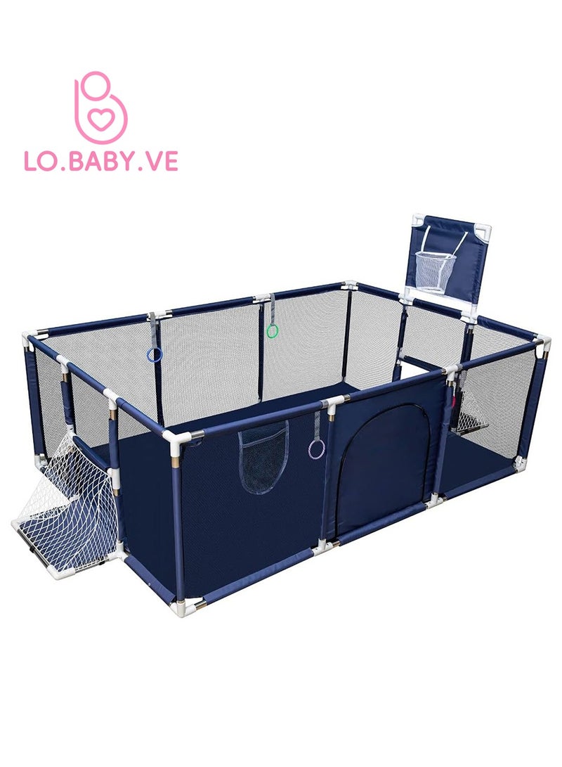 LO.BABY.VE Large toddler stainless steel steering tube foldable with soccer and basketball hoop, baby safe playpen - blue  - Image 1