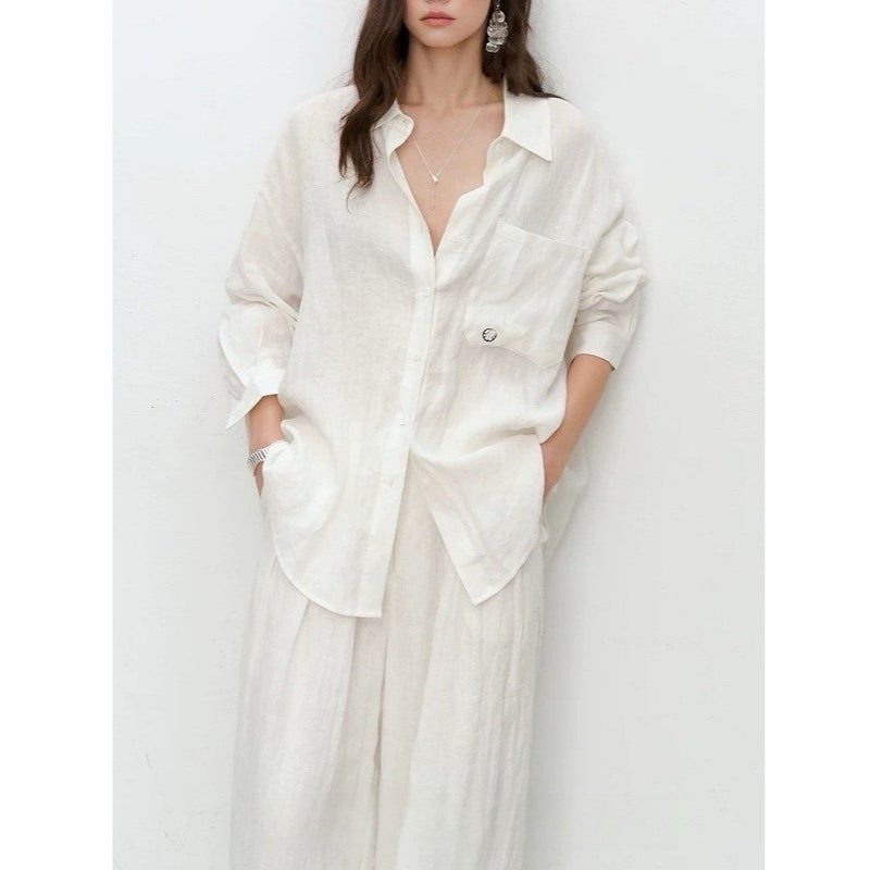 ATTIGALOWY Women's White Linen Long Sleeve Shirt - Image 1