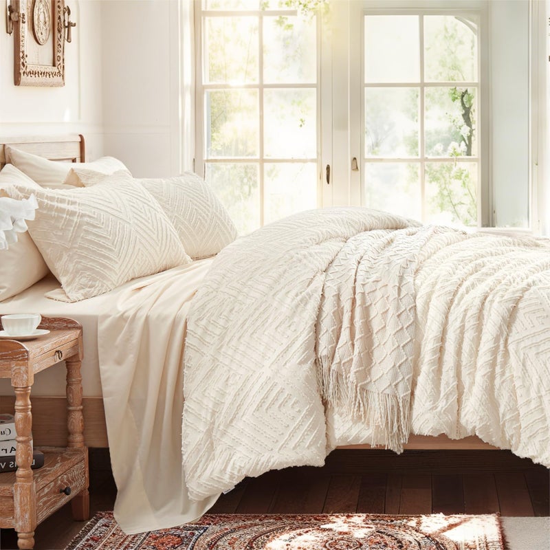 Zzlpp King Comforter Set 7 Pieces, Cream Tufted Bed in a Bag with Comforter and Sheets, All Season Boho Bedding Sets with 1 Comforter, 2 Pillow Shams, 2 Pillowcases, 1 Flat Sheet, 1 Fitted Sheet - Image 4
