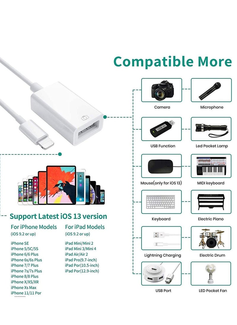 [Apple MFi Certified] Lightning to USB Camera Adapter for iPhone iPad, USB 3.0 OTG Data Sync Cable Adapter Compatible with iPhone 12 11 XS XR X 8 7 iPad to Card Reader Keyboard Mouse USB Flash Drive - Image 3